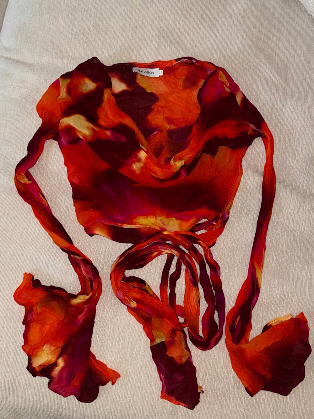 Rat & Boa Fantini Blouse Top Shirt Silk Medium Red Orange Fire Wrap Bikini - Picture 10 of 11